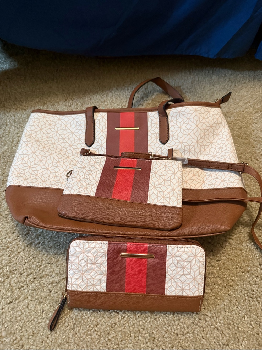Women's Brown & Red Stripe Tote Set with Wallet and Wristlet